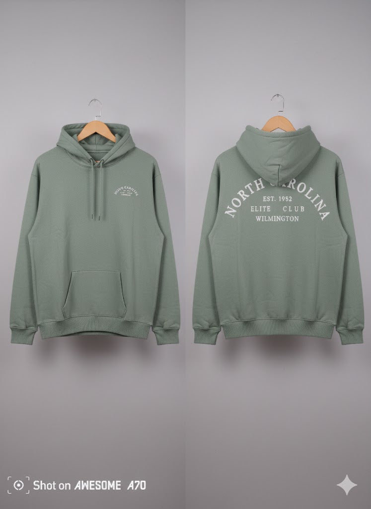 Green hoodie with text on a gray background