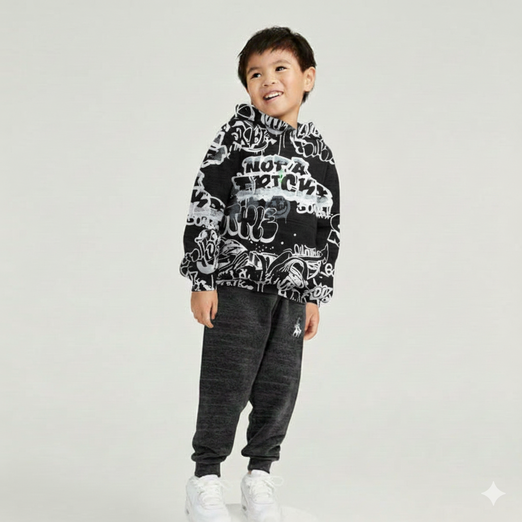 Kids Print Hoodie - Black