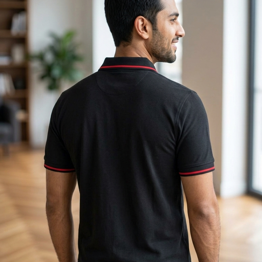 Polo Collar Red Tipping Men's Polo Shirt In Jet Black