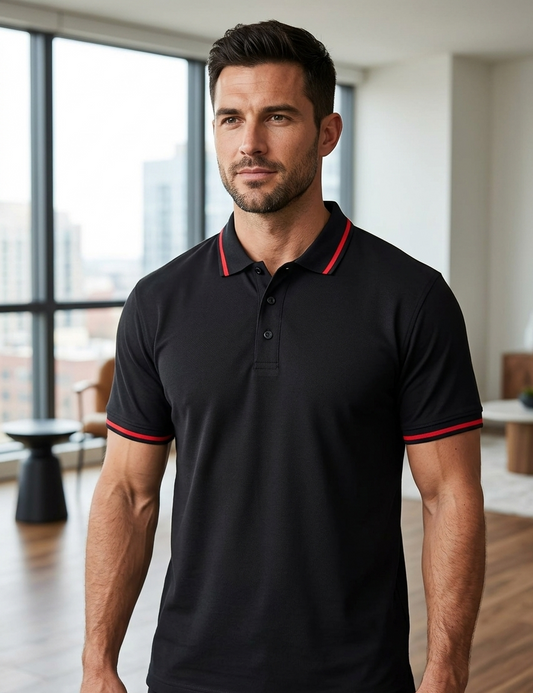 Polo Collar Red Tipping Men's Polo Shirt In Jet Black