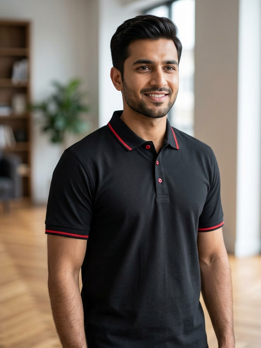 Polo Collar Red Tipping Men's Polo Shirt In Jet Black