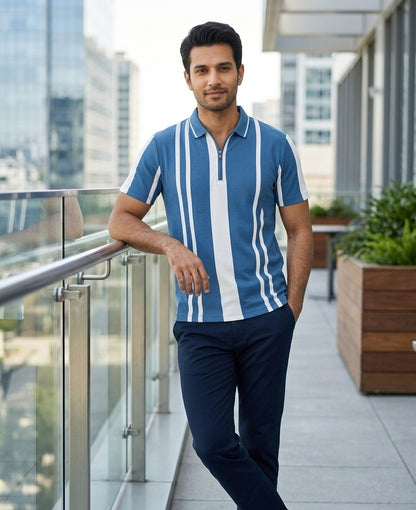 Blue Zipper Polo T-Shirt 100% Polyester