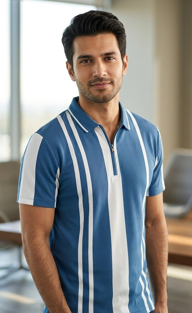 Blue Zipper Polo T-Shirt 100% Polyester